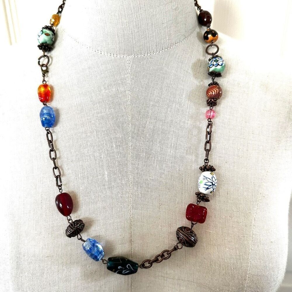 Long glass  hand painted copper tone beaded necklace